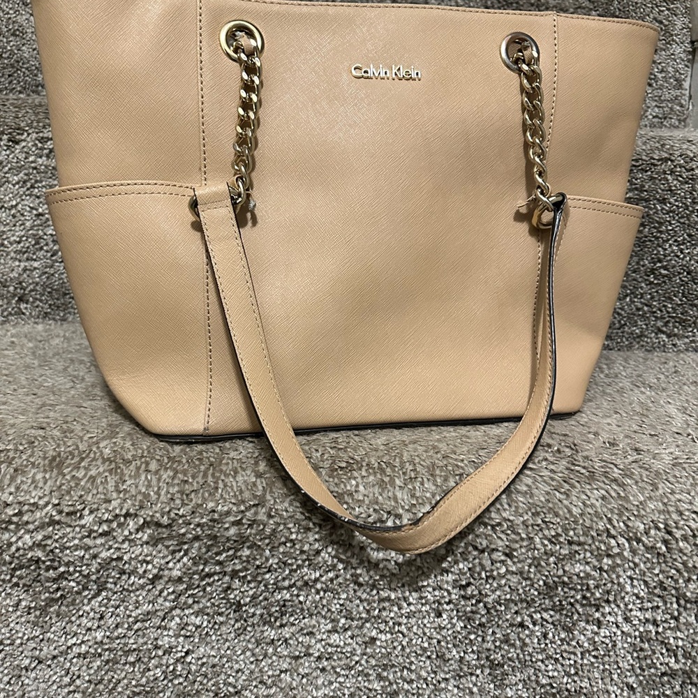 Calvin Klein Beige Tote with Gold Chain-Strap Accents